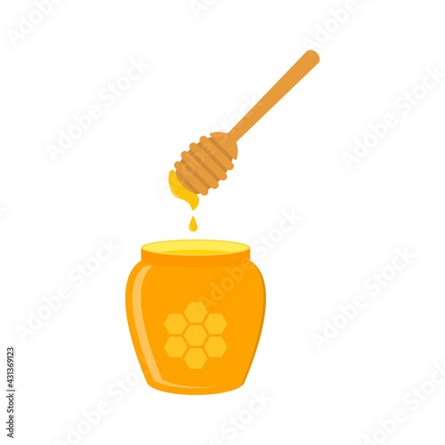 Jar of honey and dipper icon. Vector illustration.