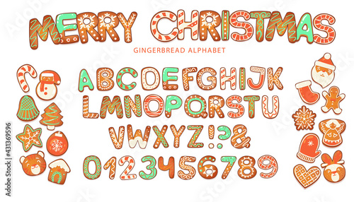 Christmas gingerbread cookies alphabet. Biscuit letters and characters for xmas messages and design. Vector illustration with sugar decorations.