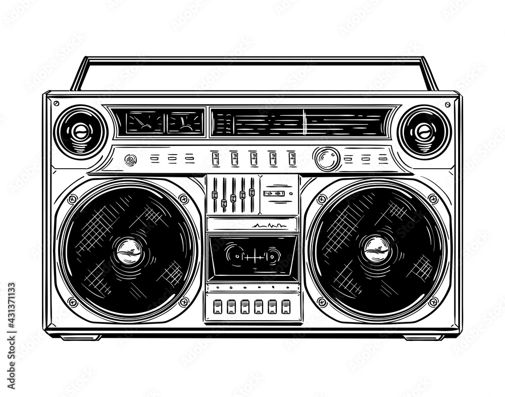 Hand drawn black and white retro boombox tape recorder