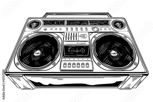 Hand drawn black and white retro boombox tape recorder
