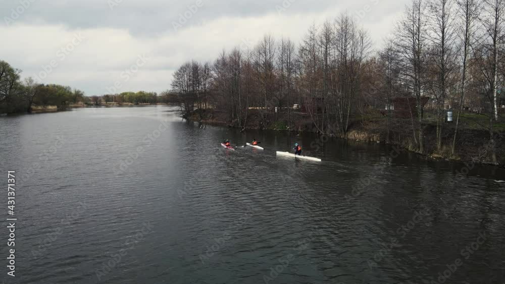 movement of the kayak along the river bed. aerial shooting. movement of the kayak along the river bed. aerial shooting.