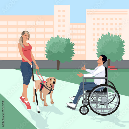 A man in a wheelchair meets a blind girl with a guide dog.