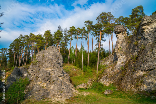 Germany, Rock formations of wental valley felsenmeer in swabian jura nature landscape in warm sunset atmosphere