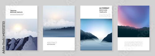A4 brochure layout of covers templates for flyer leaflet, A4 brochure design, presentation, magazine, book. Fog, sunrise in morning and sunset in evening. Nature landscape backgrounds with mountains.