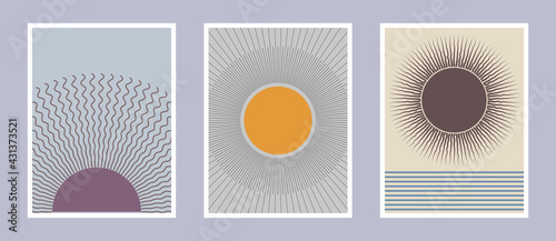 Set of abstract mid century posters composition vector design. Modern boho minimalist art. EPS10 vector illustration. Sun and water concept.