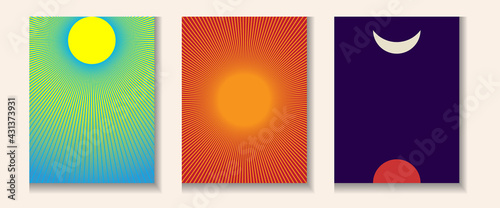 Color abstract background with sun. Set with sun, moon and rays. Day, sunset and night concept.
