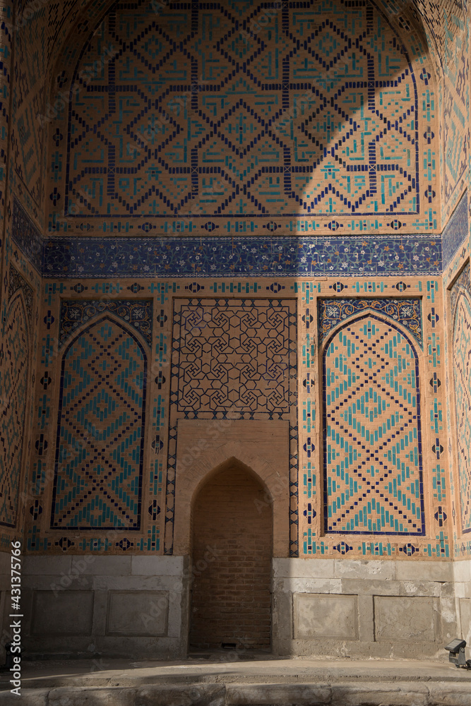 Photo of an old mosaic drawing of the Shokhi Zinda memorial complex. Samarkand.