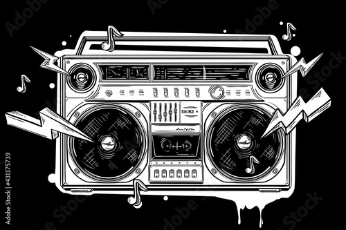 Funky black and white drawn boom box  graffiti