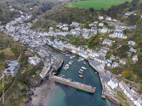 polperro harbour Cornwall England uk aerial drone photo