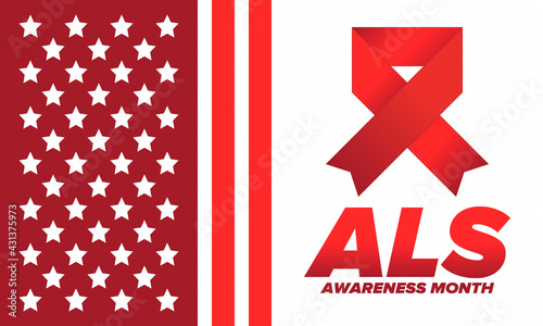 ALS Awareness Month. Amyotrophic lateral sclerosis. Annual campaign is held in May in United States. Control and protection. Prevention campaign. Medical health care concept. Vector illustration