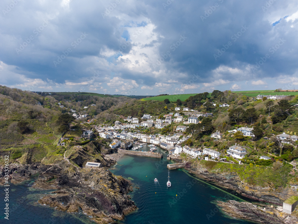 Polperro harbour Cornwall England uk aerial drone fishing village and holiday destination 