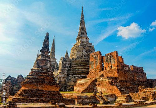 The ruins of the old temple. Historical and cultural ancient architecture in Ayutthaya historical park. Ayutthaya  Thailand