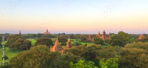 Panoramic view of the pagodas and spires of the ancient temples in the archaeological zone of Bagan, Myanmar. The World Heritage site.