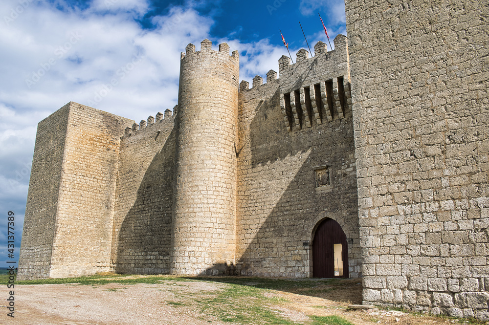 Murallas, tronera y puerta de acceso al castillo medieval siglo XIII de Montealegre de Campos, provincia de Valladolid, España