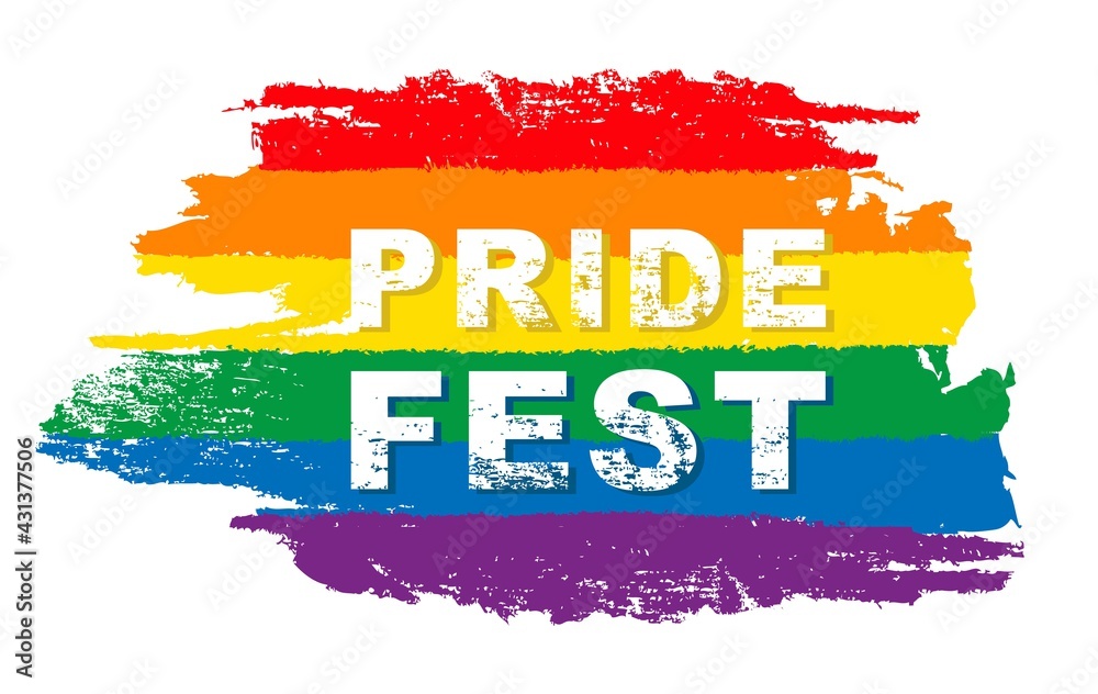 Pride month fest logo card with minority flag.Banner Love is love.Rainbow Pride symbol with heart,LGBT,sexual minorities,gays and lesbians.Designer sign,logo,icon:colorful rainbow in background.Vector