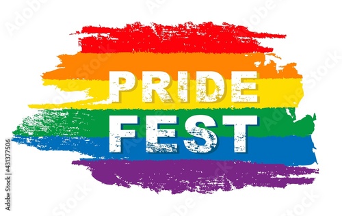 Pride month fest logo card with minority flag.Banner Love is love.Rainbow Pride symbol with heart,LGBT,sexual minorities,gays and lesbians.Designer sign,logo,icon:colorful rainbow in background.Vector