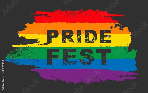 Pride month fest logo card with minority flag.Banner Love is love.Rainbow Pride symbol with heart,LGBT,sexual minorities,gays and lesbians.Designer sign,logo,icon:colorful rainbow in background.Vector photo