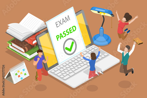 3D Isometric Flat Vector Conceptual Illustration of Passed Online Exam