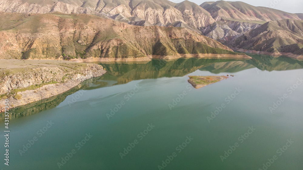 drone view lake with mountain