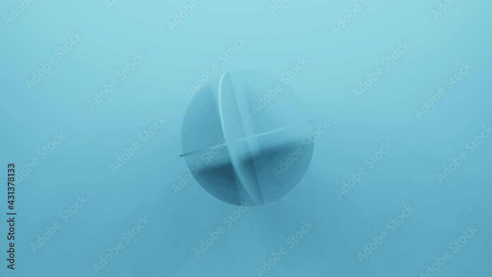 3d rendering light blue round geometric shape rotates in random direction. Abstract simple seamless loop animated background
