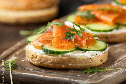 Fresh bagel with Salmon, cream cheese and cucumber