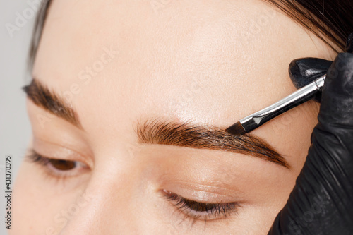 Master applies brow paste with a brush to eyebrows. Styling and lamination of eyebrows. Woman doing eyebrow permanent makeup correction. Eyebrow shaping with a cosmetic brush close-up. photo