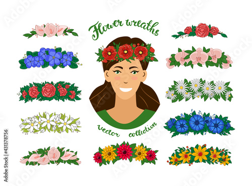 A girl in a flower wreath. A set of Floral tiaras. Vector elegant beautiful young woman portrait. Isolated on white background