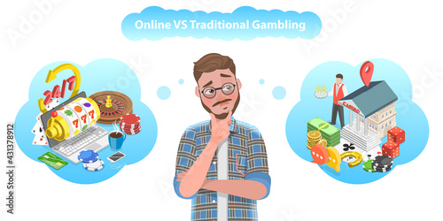 3D Isometric Flat Vector Conceptual Illustration of Online Gambling vs Offline Gambling