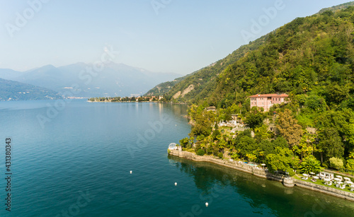 Aerial landscape of Lake Maggiore in a sunny day from the Colmegna lakeside, province of Varese, Italy