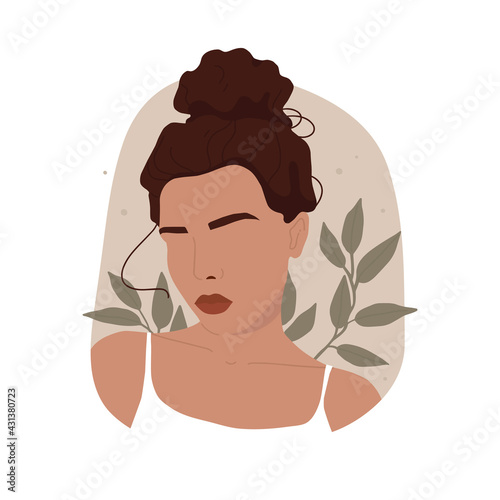 Girl portrait. Curly hair gathered in high bun, red lipstick, makeup, white T-shirt. Abstract background with plant leaves and dots. Drawing in a minimalistic modern style. Vector illustration, print