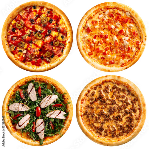 Isolated assorted variety of pizzas collage menu design on the white background