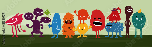 Colección de monstruos o extraterrestres simpáticos y divertidos. Paquete de lindas criaturas fantásticas. Ilustraciones vectoriales infantiles de colores brillantes en estilo plano. © Diugas