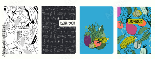 Cover page templates for recipe books based on patterns with vegetables. Headers isolated and replaceable