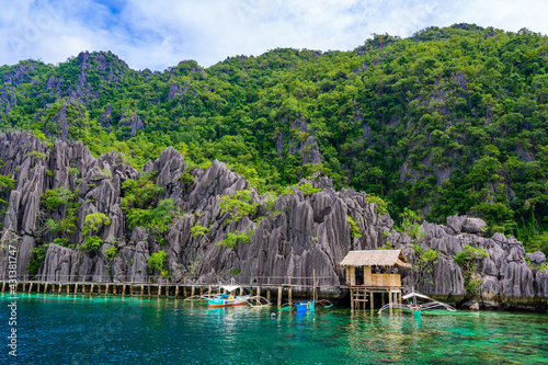 Twin Lagoon on paradise island with sharp limestone rocks  tropical travel destination - Coron  Palawan  Philippines.