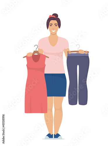 Smiling young woman holding hangers with trousers and dress. Choosing clothes concept. Vector illustration in flat style.