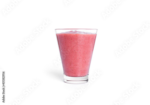 Strawberry smoothie isolated on a white background. Glass whith pink smoothie.