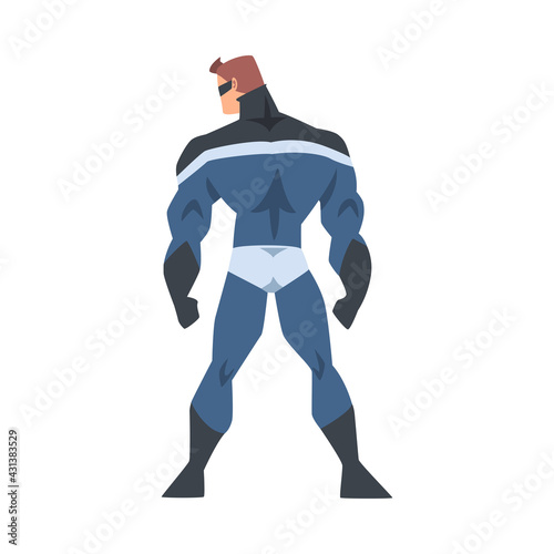 View From Behind of Man Superhero Character in Black and Blue Costume Cartoon Vector Illustration
