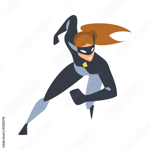 Running Girl Superhero, Superwoman Character Dressed Black Costume and Mask Cartoon Vector Illustration