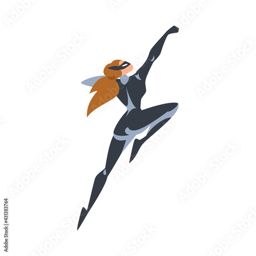 Flying Girl Superhero Character, Superwoman Dressed Black Costume and Mask Cartoon Vector Illustration
