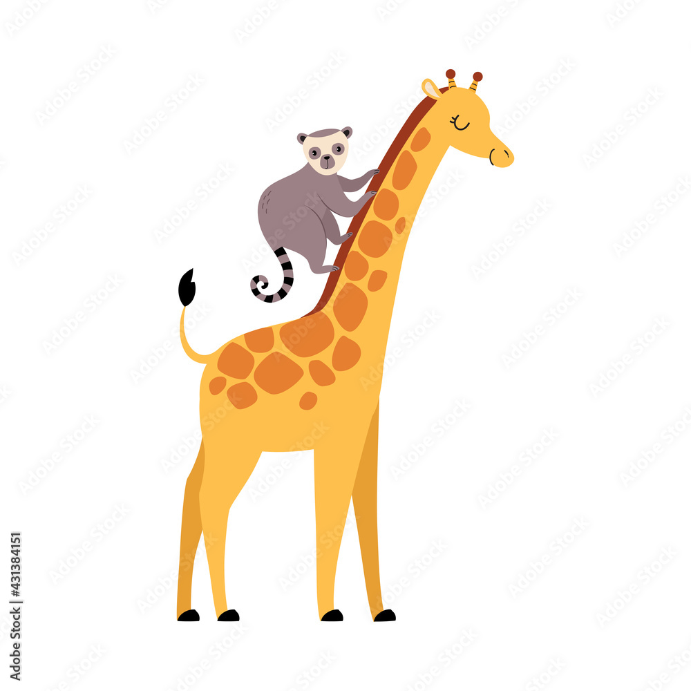 Fototapeta premium Cute Lemur and Giraffe Baby Animals, Exotic Tropical Fauna Element, African Savanna Inhabitant Cartoon Vector Illustration