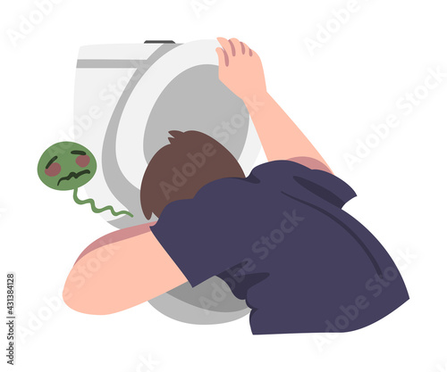 Sick Man Vomiting into Toilet Bowl, Symptom of Heart Stroke Cartoon Vector Illustration