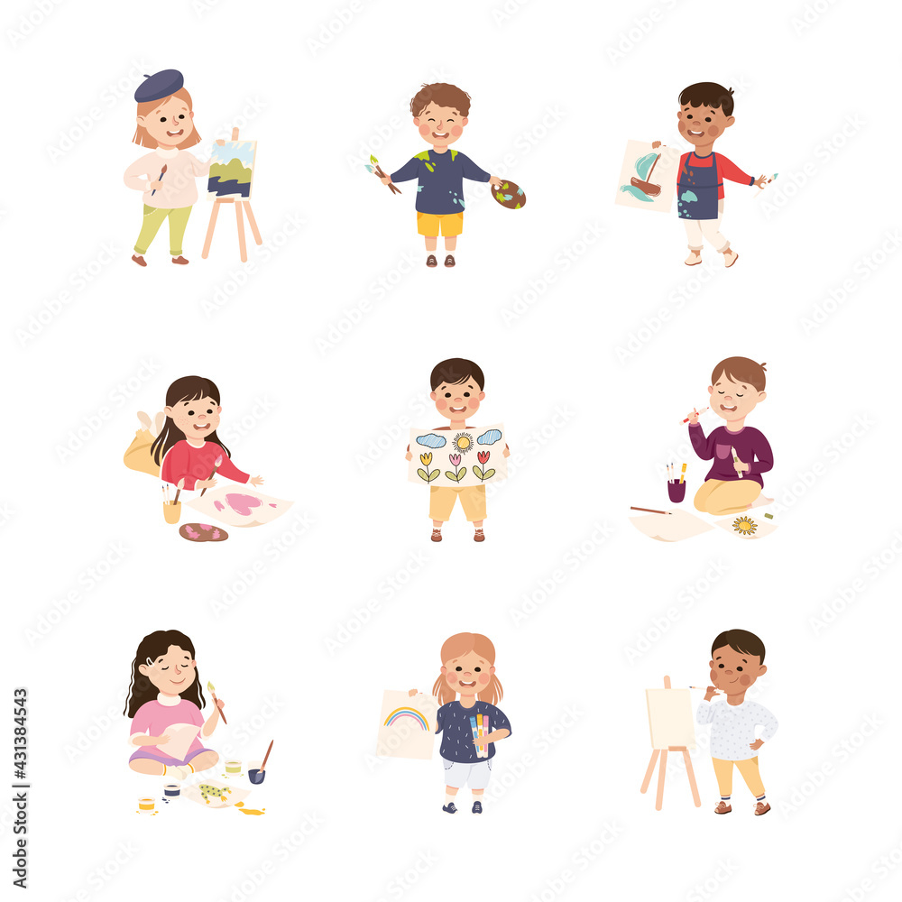 Adorable Boys and Girls Drawing and Painting Set, Cute Kids Practicing Skills to Find Dream at Art School Cartoon Vector Illustration Adorable Boys and Girls Drawing and Painting Set, Cute Kids Practicing Skills to Find Dream at Art School Cartoon Vector Illustration