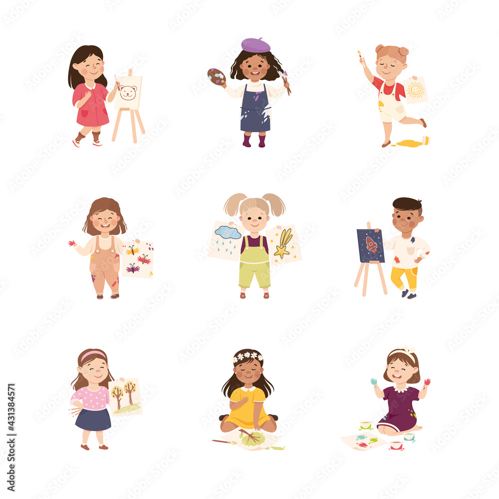 Adorable Boys and Girls Drawing and Painting Set, Cute Kid Creative Activity or Hobby Cartoon Vector Illustration Adorable Boys and Girls Drawing and Painting Set, Cute Kid Creative Activity or Hobby Cartoon Vector Illustration