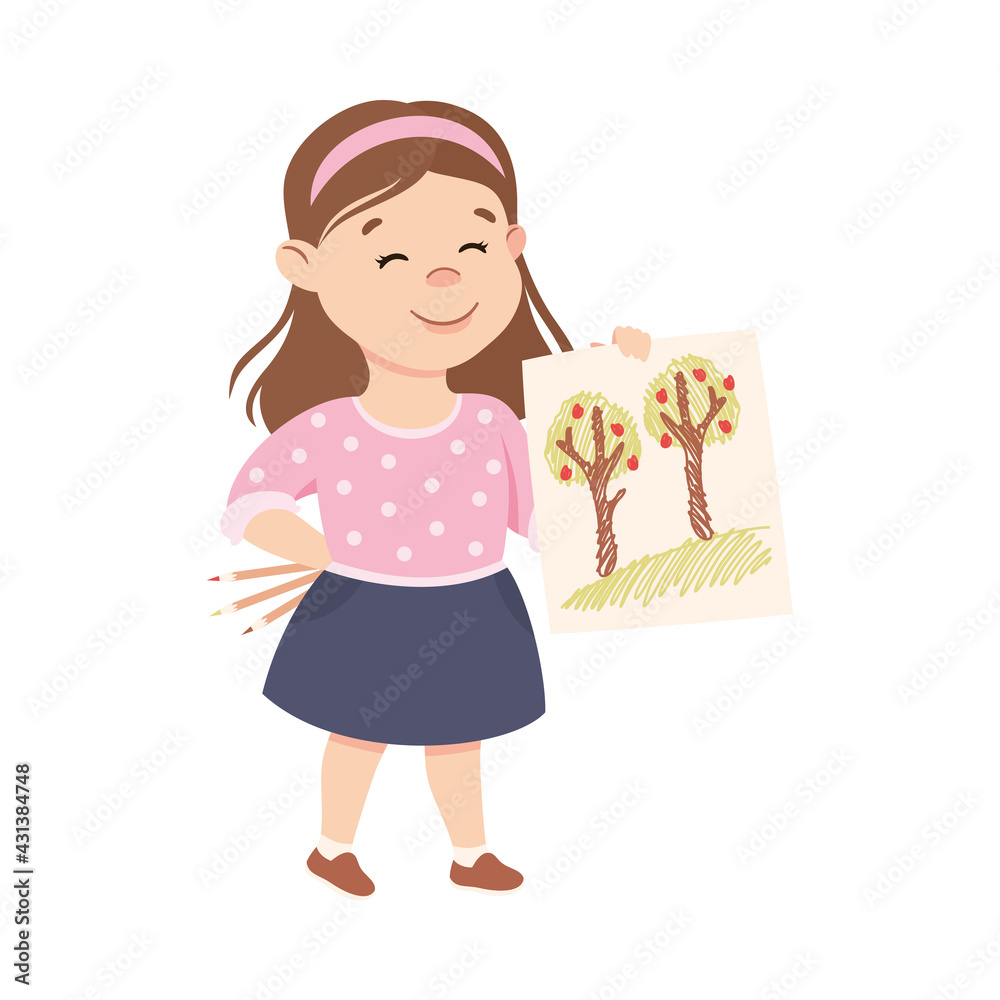 Adorable Girl Showing Drawing with Trees, Cute Kid Creative Activity or Hobby Cartoon Vector Illustration Adorable Girl Showing Drawing with Trees, Cute Kid Creative Activity or Hobby Cartoon Vector Illustration