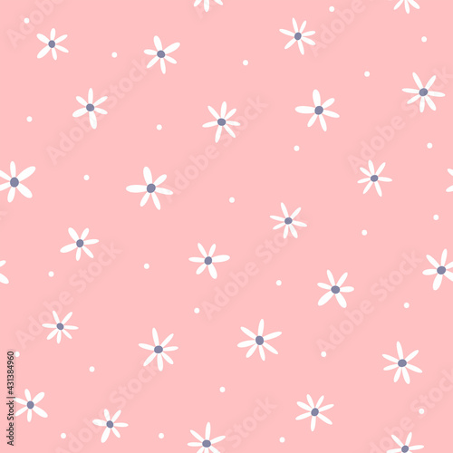 Cute seamless pattern with scattered small flowers and dots. Endless girly print. Simple vector illustration.