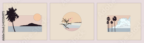Set of clean sea beach island landscape illustration various styles, flat minimal style, fresh vintage summer breeze feelings