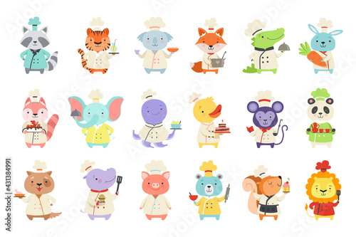 Set of Cute Animal Characters in Chef Uniform Cooking Tasty Dishes Cartoon Vector Illustration