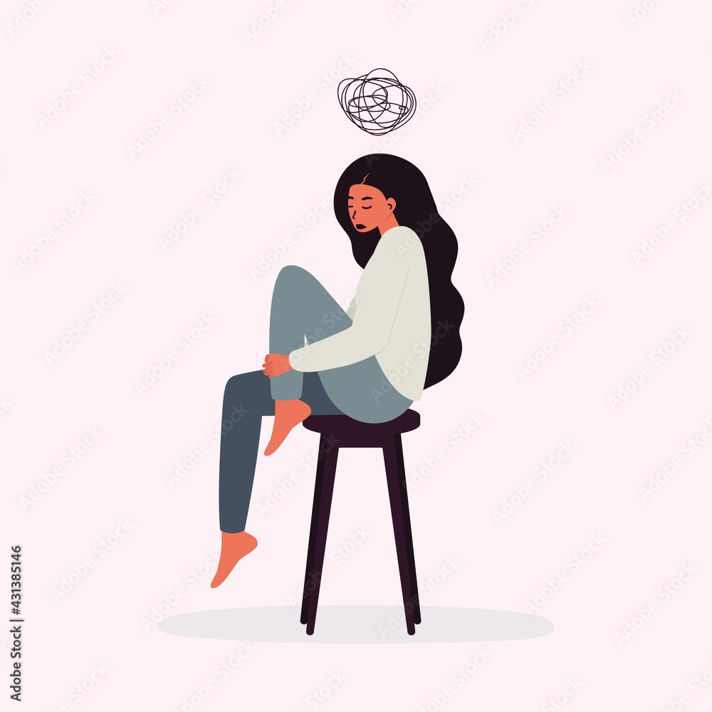 A flat vector cartoon illustration of a woman in a depressed mood ...