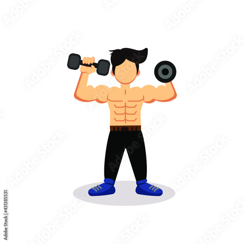 six pack cartoon character with dumbbell vector illustration