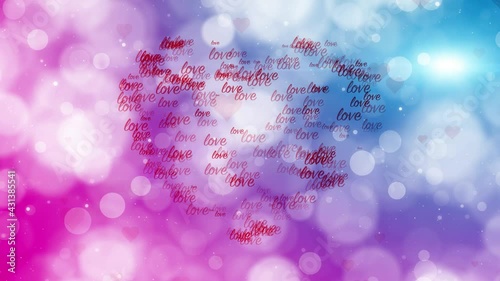 Heart shape forming from word love. Beautiful multicolor bokeh background.